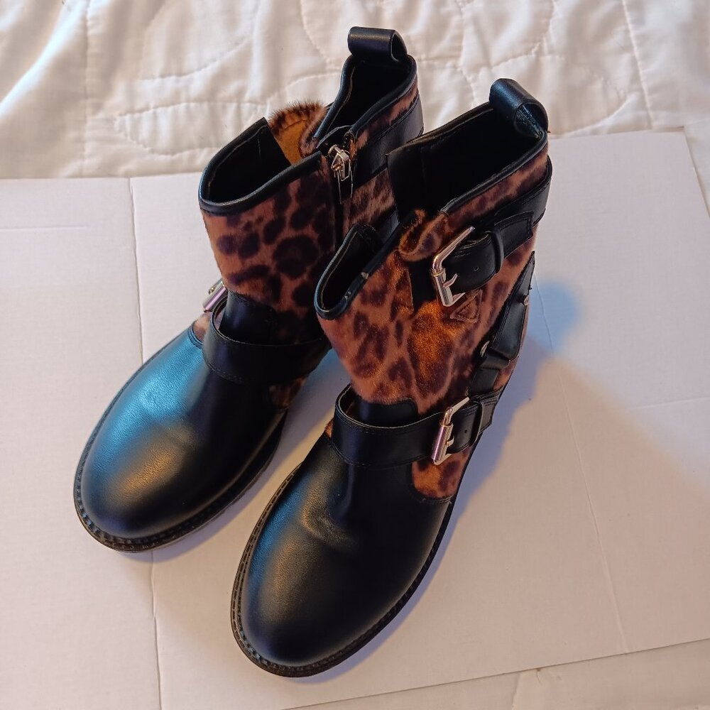NINE WEST ARRIA WOMEN'S BLACK CHEETAH PRINT BIKER BOOTS SIZE 7.5